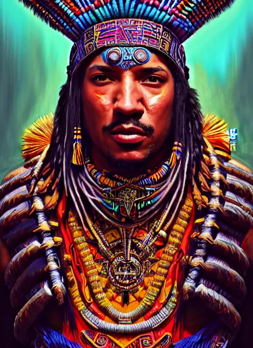 Prompt: portrait of laz alonso, hyper detailed ultra sharp aztec shaman warrior. trending on artstation, warpaint aesthetic, bloodwave, colorful, psychedelic, ornate, intricate, digital painting, concept art, smooth, sharp focus, illustration, art by artgerm and greg rutkowski and h. r. giger, 8 k