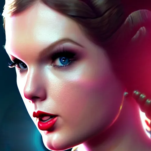 Image similar to Portrait of Taylor Swift as Princess Leia in Star Wars, intricate, elegant, super highly detailed, professional digital painting, artstation, concept art, smooth, sharp focus, no blur, no dof, extreme illustration, Unreal Engine 5, 8K