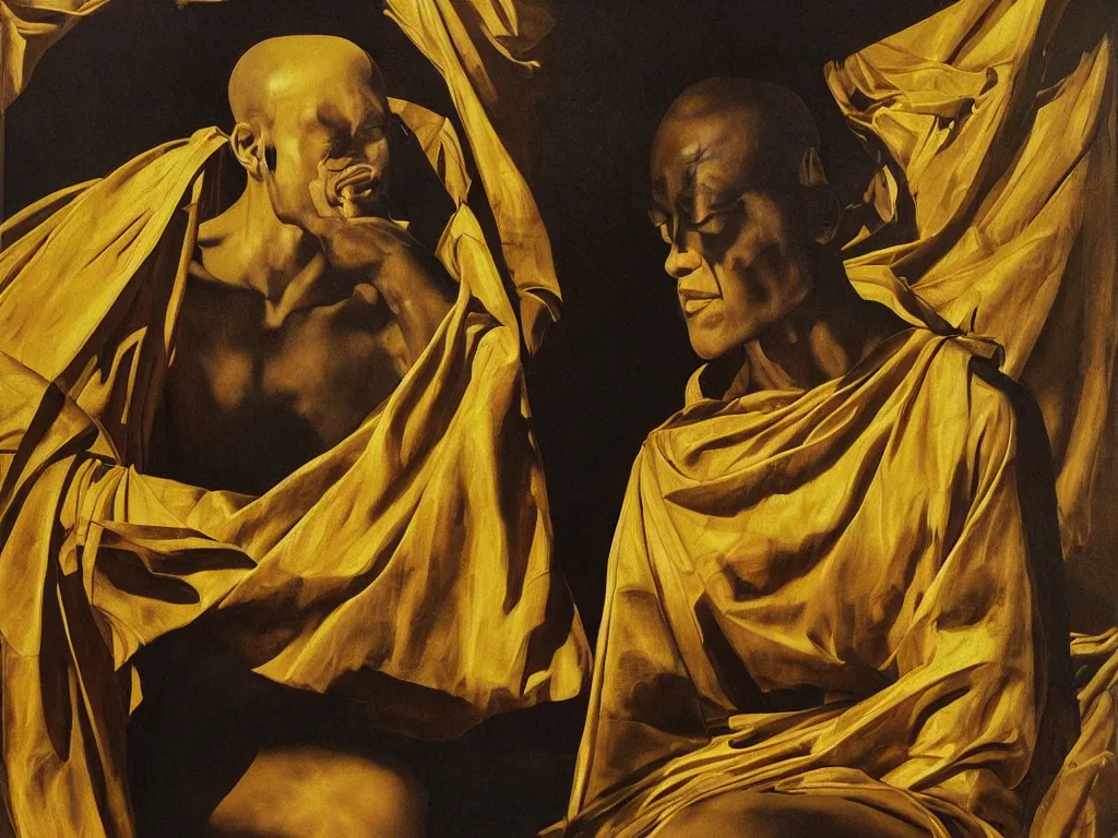 Prompt: hyperrealistic still life oil painting of a 3d sculpture of a monk dressed in black and gold robe, meditating sitting down wrapped in fabric and gently smiling, surrounded by prisms in a tesseract, by Caravaggio and bruce pennington, botanical print, surrealism, vivid colors, serene, golden ratio, minimalism, negative space