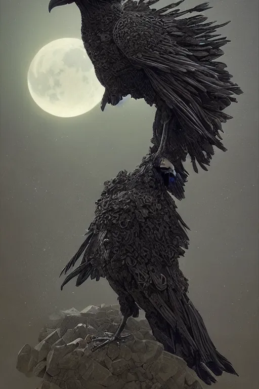 Image similar to Intricate stunning highly detailed raven by agostino arrivabene and Vladimir Kush, surreal sculpture, ultra realistic, Horror, dramatic lighting, full moon, blood moon, thick black swirling particle smoke tornado, fire embers, trending on artstation