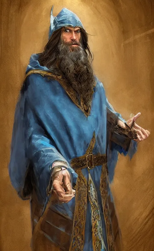 Image similar to portrait of a middle aged elf with a long beard, dressed in a blue cloak with clock iconography, brown hair, raised hand, detailed face, fantasy, highly detailed, cinematic lighting, digital art painting by greg rutkowski