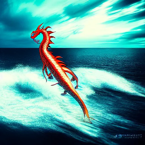 Prompt: 35mm photography, artgerm, sea dragon coming out of the water to attack a boat, rough seas, night, lighting, cinematic lighting, realistic