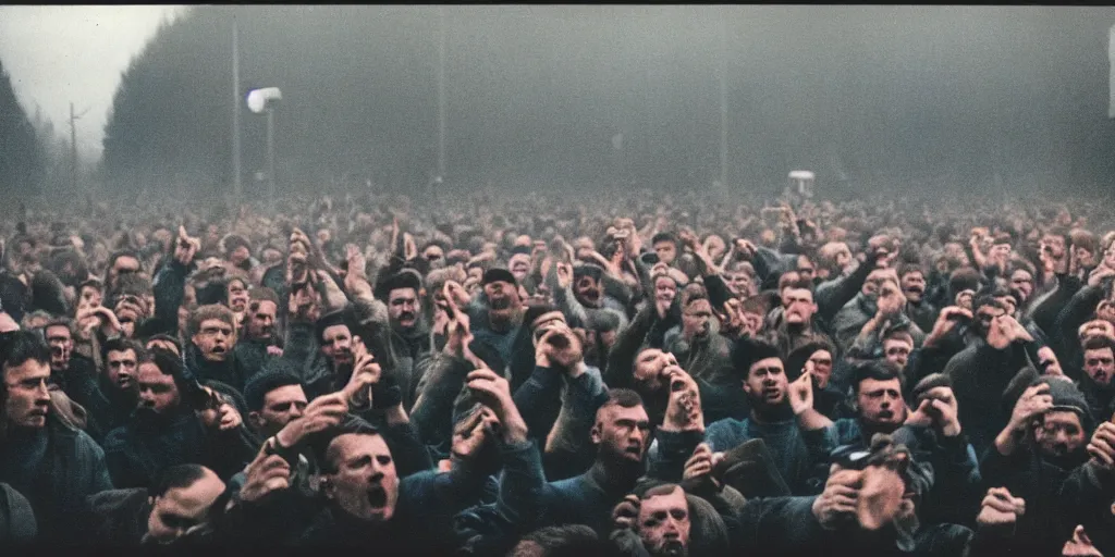 Prompt: detailed medium format photo, polaroid still from tarkovsky movie, group of english football hooligans, haze, high production value, intricate details, 8 k resolution, hyperrealistic, hdr, photorealistic, high definition, tehnicolor, award - winning photography, masterpiece, amazing colors