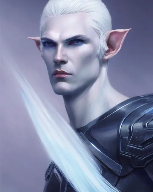 Image similar to character portrait of a slender young half elven man with white hair piercing blue eyes and pale blue skin, wearing sleek pearlescent black armor, by greg rutkowski and mark brookes and jim burns and tom bagshaw and magali villeneuve, trending on artstation