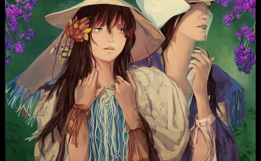 Image similar to bestselling movie poster, official media,a cinematic beautiful closeup moment of lovers saying goodbye wearing boho poncho and sunhat with hyacinths, full body portrait and simple form, brutal shapes, shaman, pixiv, 1970s fashion, official anime media, cinematic lighting, artstation consept artwork by doja cat, charlie bowater, waterhouse, ,greg rutkowski, wong kar wai