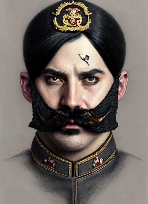 Image similar to portrait of supreme leader bald eye patch, moustache, royalty, extravagant, lord, full body, military uniform, fantasy, intricate, elegant, beautiful, highly detailed, charcoal, centered, dark, smokey, digital painting, artstation, concept art, art by artgerm and greg rutkowski and alphonse mucha