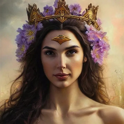 Image similar to fine art photo of the beauty goddess gal gadot, she has a crown of mesmerizing flowers, she is arriving heaven, by peter mohrbacher