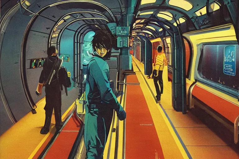 Image similar to 1979 OMNI Magazine Cover of a subway train maintenance tunnel. Cyberpunk Akira style by Vincent Di Fate