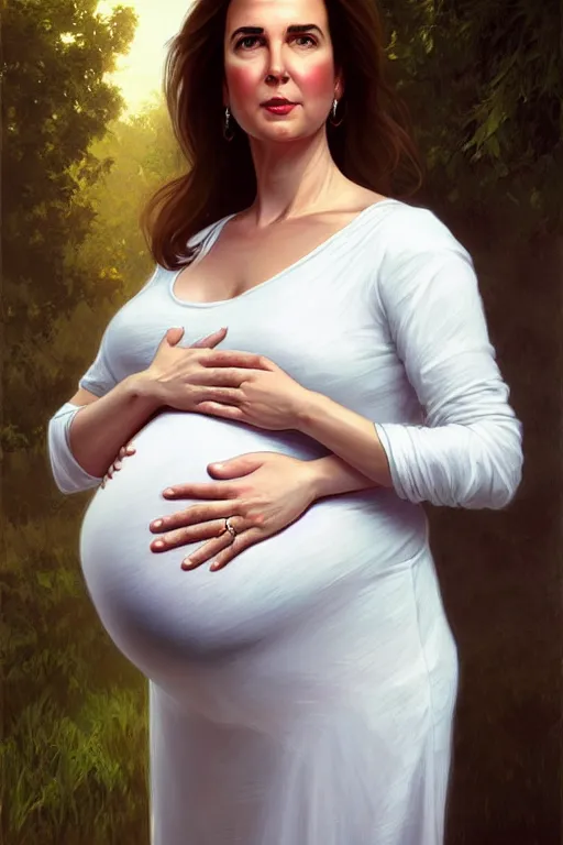 Image similar to very pregnant adam schiff in a thin white dress, realistic portrait, symmetrical, highly detailed, digital painting, artstation, concept art, smooth, sharp focus, illustration, cinematic lighting, art by artgerm and greg rutkowski and alphonse mucha