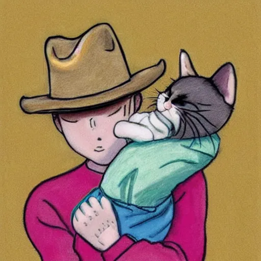 Image similar to baby kitten with a cowboy hat hugging a pink baby kitten, drawing by studio ghibli