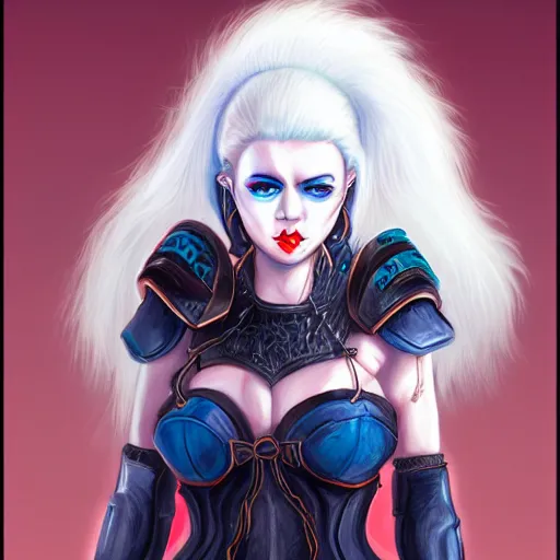 Image similar to illustrated realistic portrait female ram-horned kobold blue hair with black evil devil eyes wearing leather armor by rossdraws