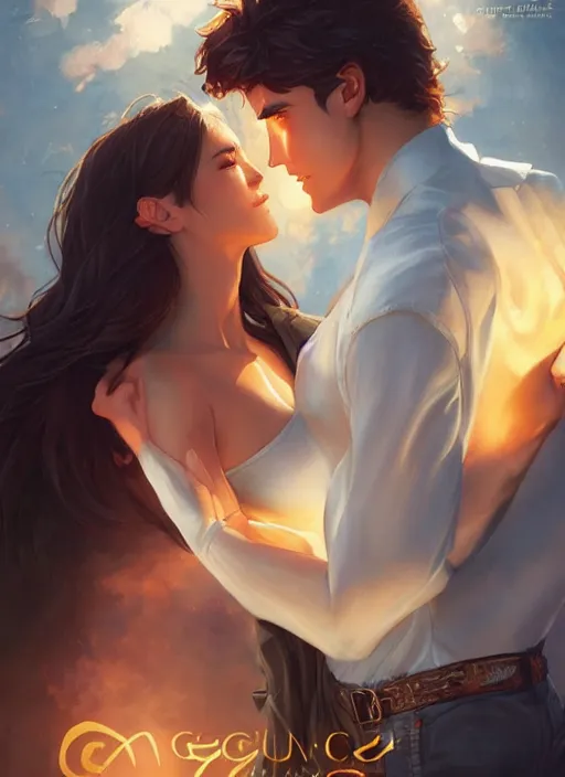 Prompt: a cheesy romance novel cover by artgerm and greg rutkowski and magali villanueve