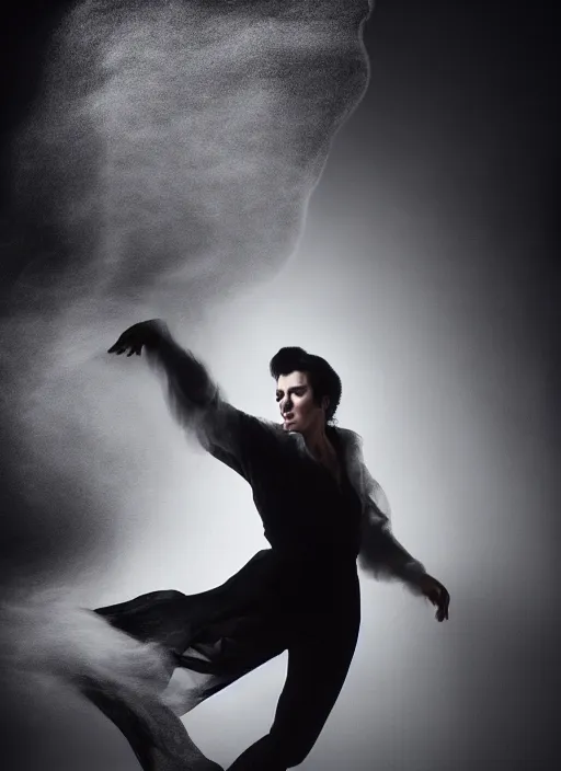 Image similar to a photorealistic dramatic hyperrealistic render of a glamorous beautiful elvis presley by ken brower and deborah ory of nyc dance project, lois greenfield, flowing cloth and smoke, beautiful dynamic dramatic dark moody lighting, volumetric, shadows, cinematic atmosphere, octane render, 8 k