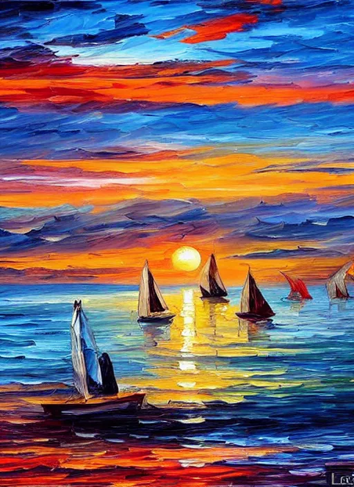 Image similar to beautiful seaside greek sunset with sailboats in the style of leonid afremov