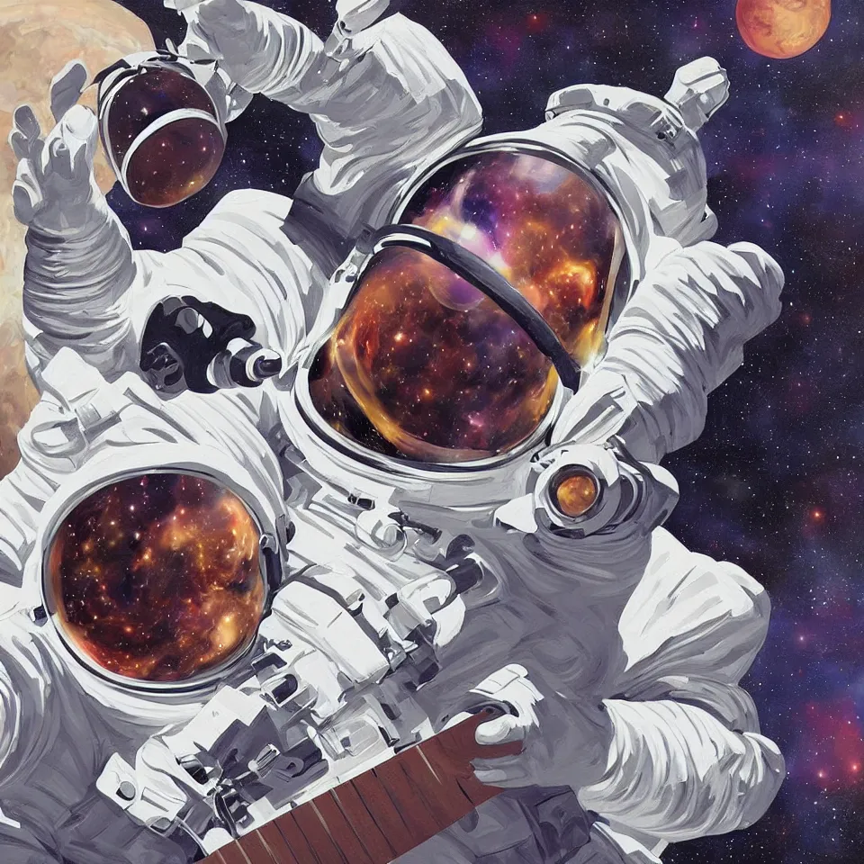 Image similar to an astronaut with headphone playing keyboard in the space, digital painting, digital art, illustrated by alex ross