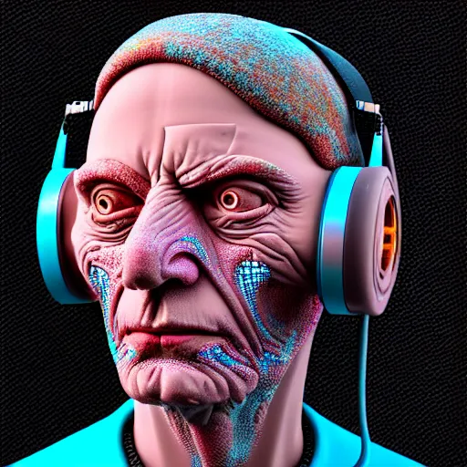 Image similar to Colour Photography of 1000 years old man with highly detailed 1000 years old face wearing higly detailed cyberpunk VR Headset designed by Josan Gonzalez . in style of Josan Gonzalez and Johannes Vermeer and Mike Winkelmann and Caspar David Friedrich. Rendered in Blender