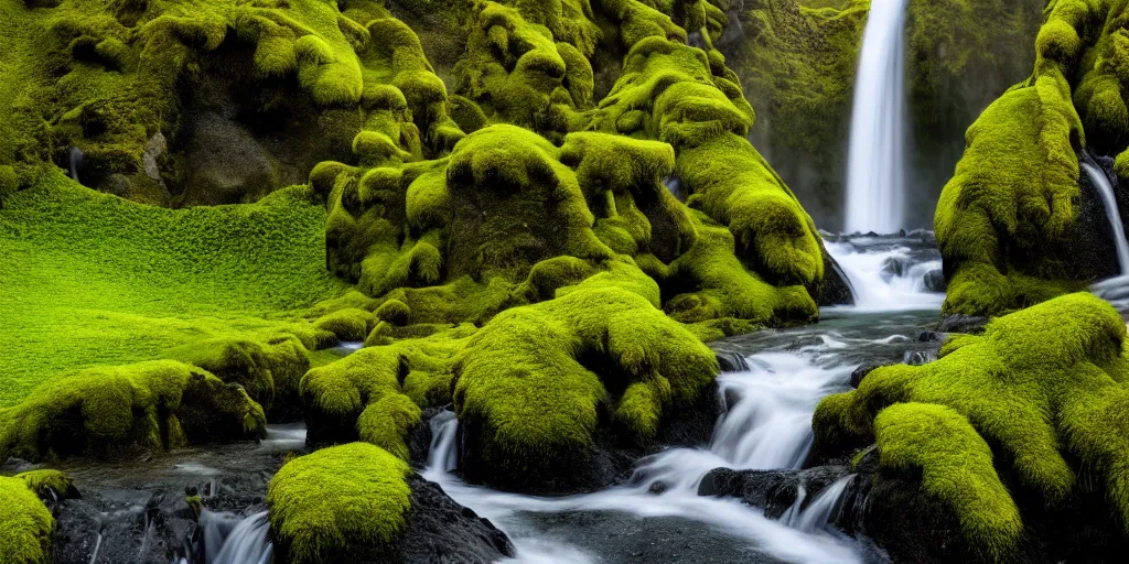 Image similar to photo of a landscape with lush forest, wallpaper, very very wide shot, iceland, new zeeland, green flush moss, national geographic, award landscape photography, professional landscape photography, waterfall, stream of water, hanging flowers, big sharp rock, ancient forest, primordial, sunny, day time, beautiful