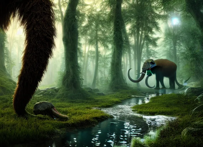 Image similar to hyperrealism, detailed textures, photorealistic, 3 d render, a surreal mystical forest with a bright blue winding creek, a wooly mammoth grazing, ultra realistic cinematic, intricate, cinematic light, concept art, illustration, art station, unreal engine