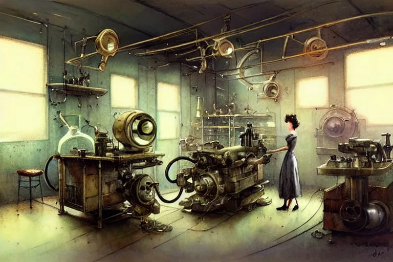 Image similar to ( ( ( ( ( 1 9 5 0 s retro science fiction mechanics shop interior scene. muted colors. ) ) ) ) ) by jean - baptiste monge!!!!!!!!!!!!!!!!!!!!!!!!!!!!!!