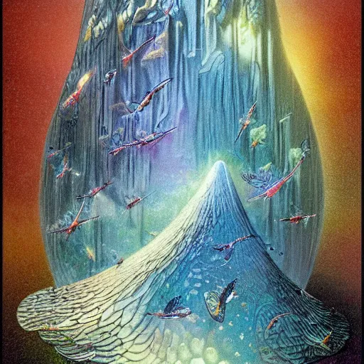 Image similar to blooming angelic hard mountain range cone pigeon trunk caviar crystalline, by vincent di fate and brian froud and jean giraud, quantum wavetracing, # micro, flat shading