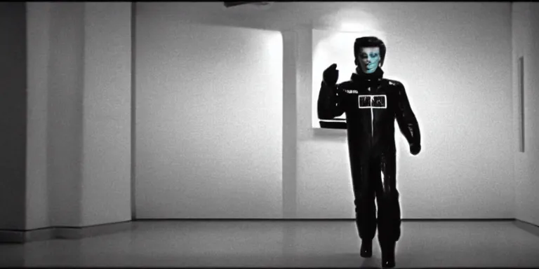 Prompt: photorealistic wide shot black and white twilight zone style cinematography of a 1 9 8 1 version of healthy david bowie in a cheesy 5 0's space suit acting as a man from outter space in a twilight zone episode that takes place in the sheats goldstein house shot on film by the shining cinematographer john alcott on a cooke panchro 1 8 mm lens.