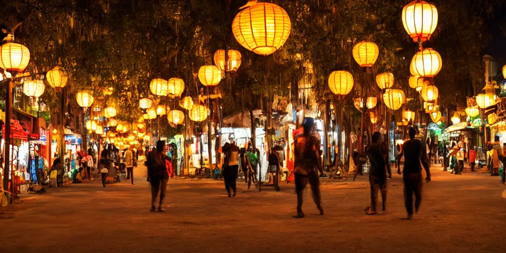 Image similar to african - asian walking street at night. savannah. there are glowing lanterns. street view