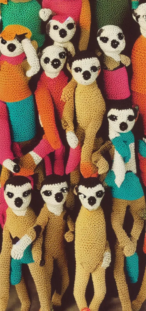 Prompt: multicolored crocheted meerkats, 1 9 8 0 s catalogue photo