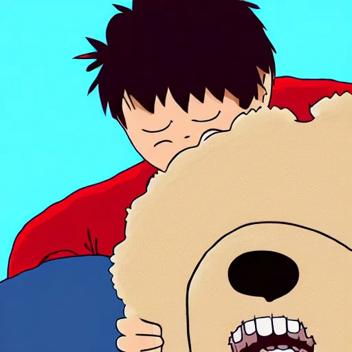 Image similar to young man burying his face on the belly of a giant teddy bear, screaming, cute, studio Ghibli, digital painting,