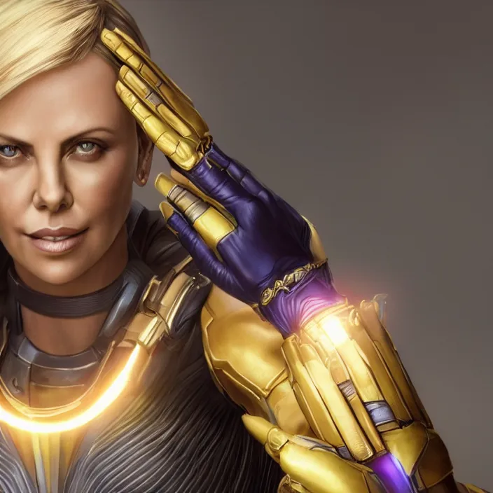 Prompt: portrait of ((Charlize Theron)), wearing The Infinity Gauntlet. SNAP. intricate artwork. octane render, trending on artstation, very coherent symmetrical artwork. avengers. thanos. cinematic, hyper realism, high detail, octane render, 8k, iridescent accents