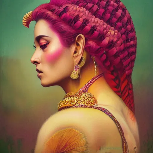 Image similar to side portrait of a beautiful Indian queen of tigers, pink and gold, by Anato Finnstark, Tom Bagshaw, Brom