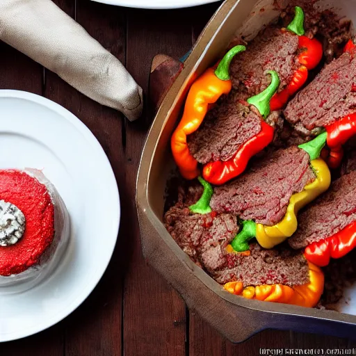 Prompt: meat - stuffed pepper wedding cake