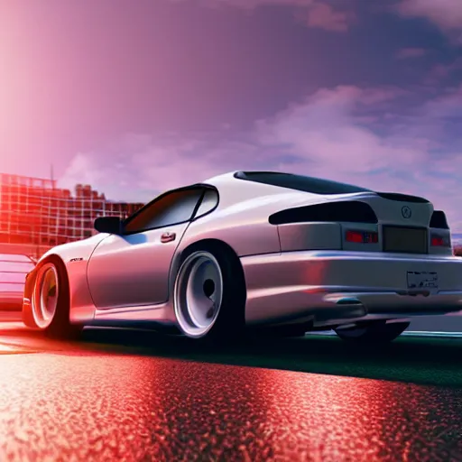 Prompt: still of a toyota supra mk4 on the road in tokyo, action shot, sunset, cgsociety, need for speed heat inspired