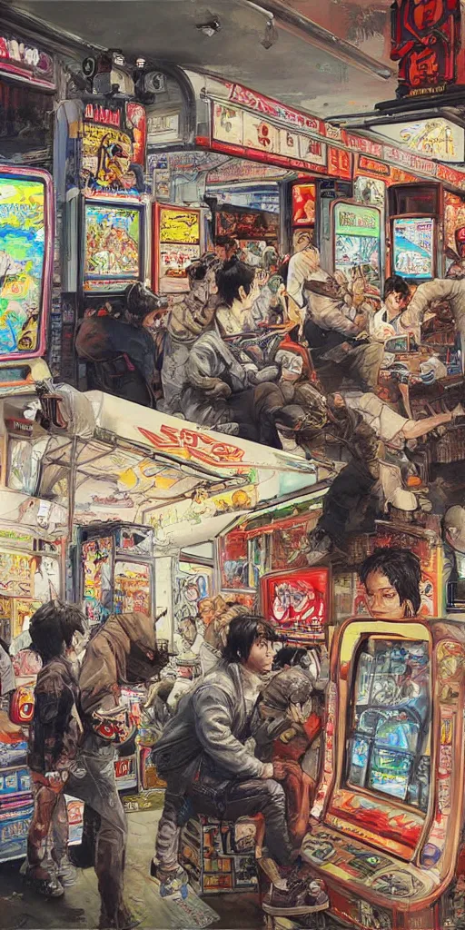 Image similar to oil painting scene from amusement arcade by kim jung gi