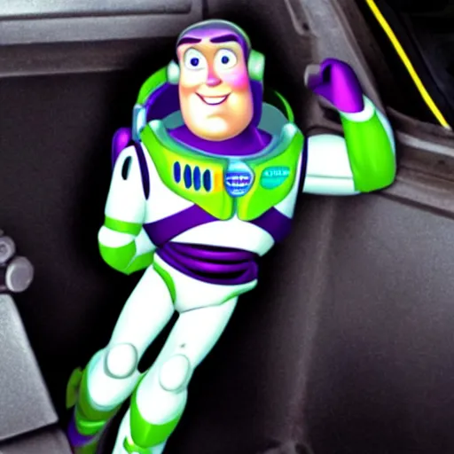 Image similar to a photograph of buzz lightyear in the Back of a police car