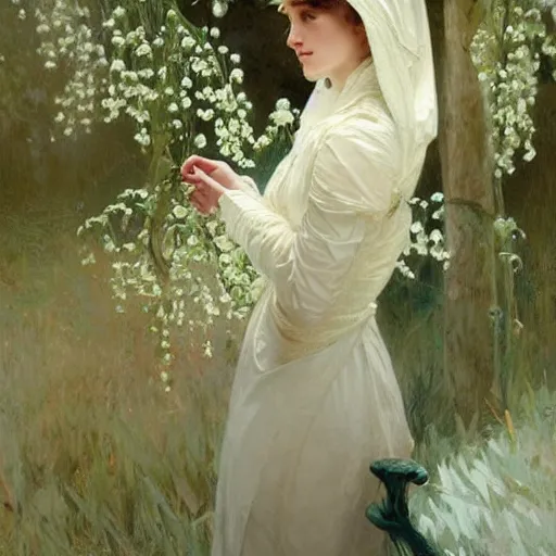 Prompt: a beautifull intricate woman with lily of the valley, reflexions, verry high details by william turner art, greg rutkowski and alphonse mucha, trending on artstation, very very detailed, masterpiece, - h 7 6 8