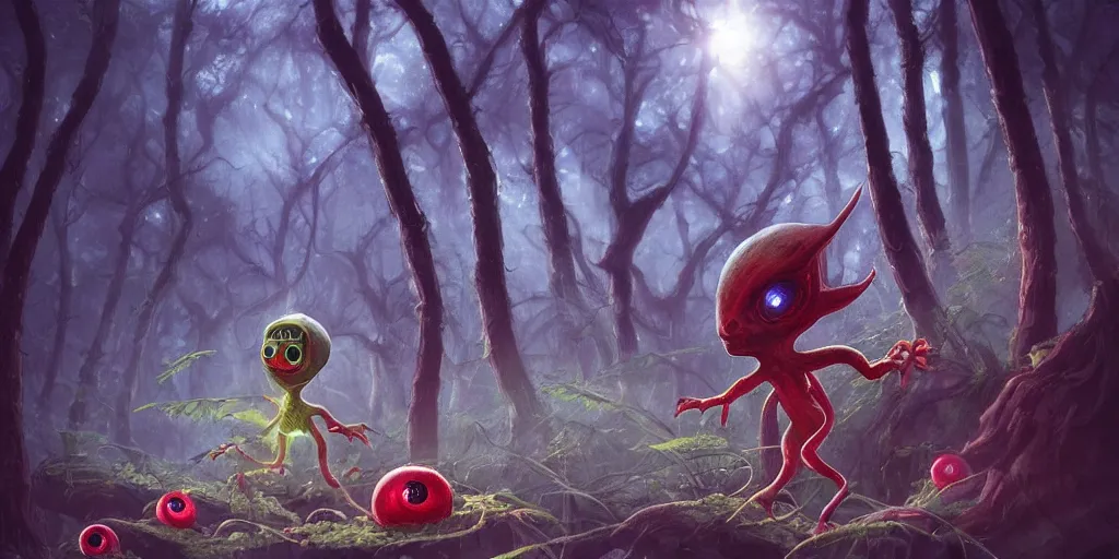 Prompt: a little alien who is lost at the edge of a forest, with lots of red eyes in the shadows, kawaii, chris moore, trending on artstation