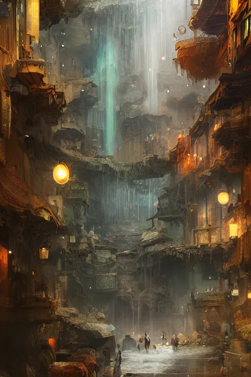 Image similar to inside the antique street of atlantis the city of water, waterfall, intricate, elegant, volumetric lighting, digital painting, highly detailed, artstation, sharp focus, illustration, concept art, ruan jia, steve mccurry