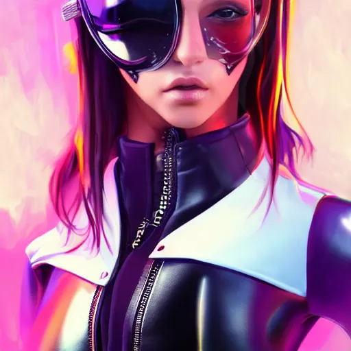 Image similar to painting of high detail girl a wearing skintight leather jacket, cat ears, fantasy art, dynamic lighting, artstation, poster, volumetric lighting, 4 k, award winning