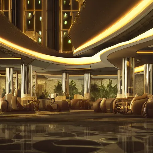 Image similar to the council of all worlds, science fiction, opulent, huge 7 0 s hotel, logan's run, syd mead, retrofuture, octane render