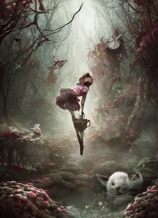 Image similar to Alice in Wonderland hunting White Rabbit,highly detailed,cinematic,8k,by Stanley Artgermm,Tom Bagshaw,Greg Rutkowski,Carne Griffiths, Ayami Kojima, Beksinski, Giger,trending on DeviantArt,hyper detailed,horror, full of colour