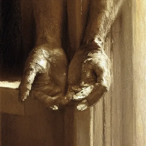 Prompt: weathered hands resting on a window sill, soft light, by jeremy mann, anders zorn.