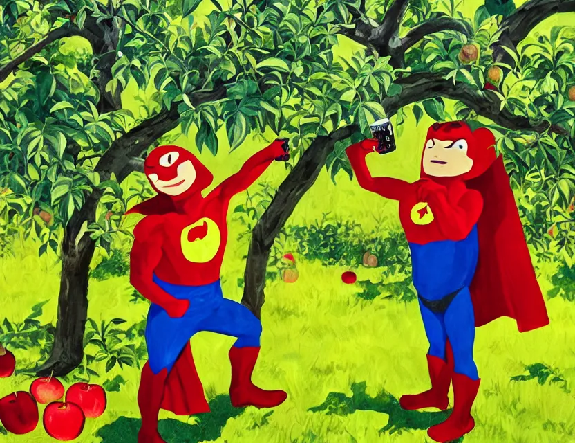 Image similar to cider - man, the superhero who really likes apple juice, in an orchard. this gouache painting by the award - winning comic artist has dramatic lighting, an interesting color scheme and great sense of depth.