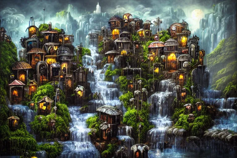 Image similar to gothic waterfall favela honeybee hive, subconscious environment, industrial factory, award winning art, epic dreamlike fantasy landscape, ultra realistic,