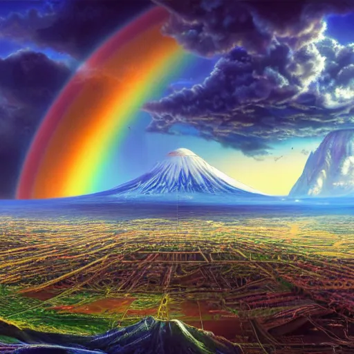 Image similar to a detailed matte painting of noah's ark, double rainbow in a clear blue sky, mount ararat, art by dan mumford and yusuke murata and makoto shinkai and ross tran, cosmic, heavenly, god rays, intricate detail, cinematic, 8 k, cel shaded, unreal engine, featured on artstation, pixiv