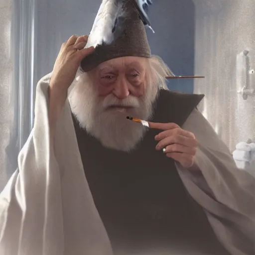 Image similar to Dumbledore sitting in on a toilet smoking a cigarette, front facing photo, realistic