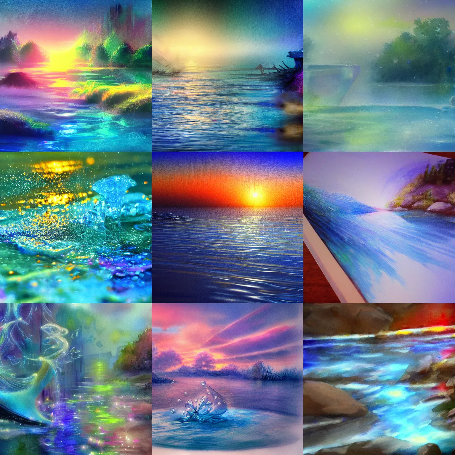 Prompt: closeup fantasy with water magic, at gentle dawn blue light, colorful sketch