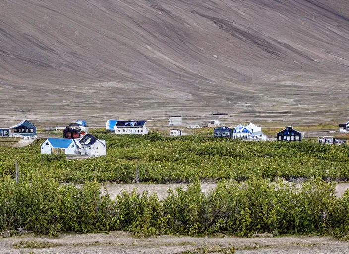 Image similar to desolate abandoned longyearbyen, taken over by nature, houses covered in vines