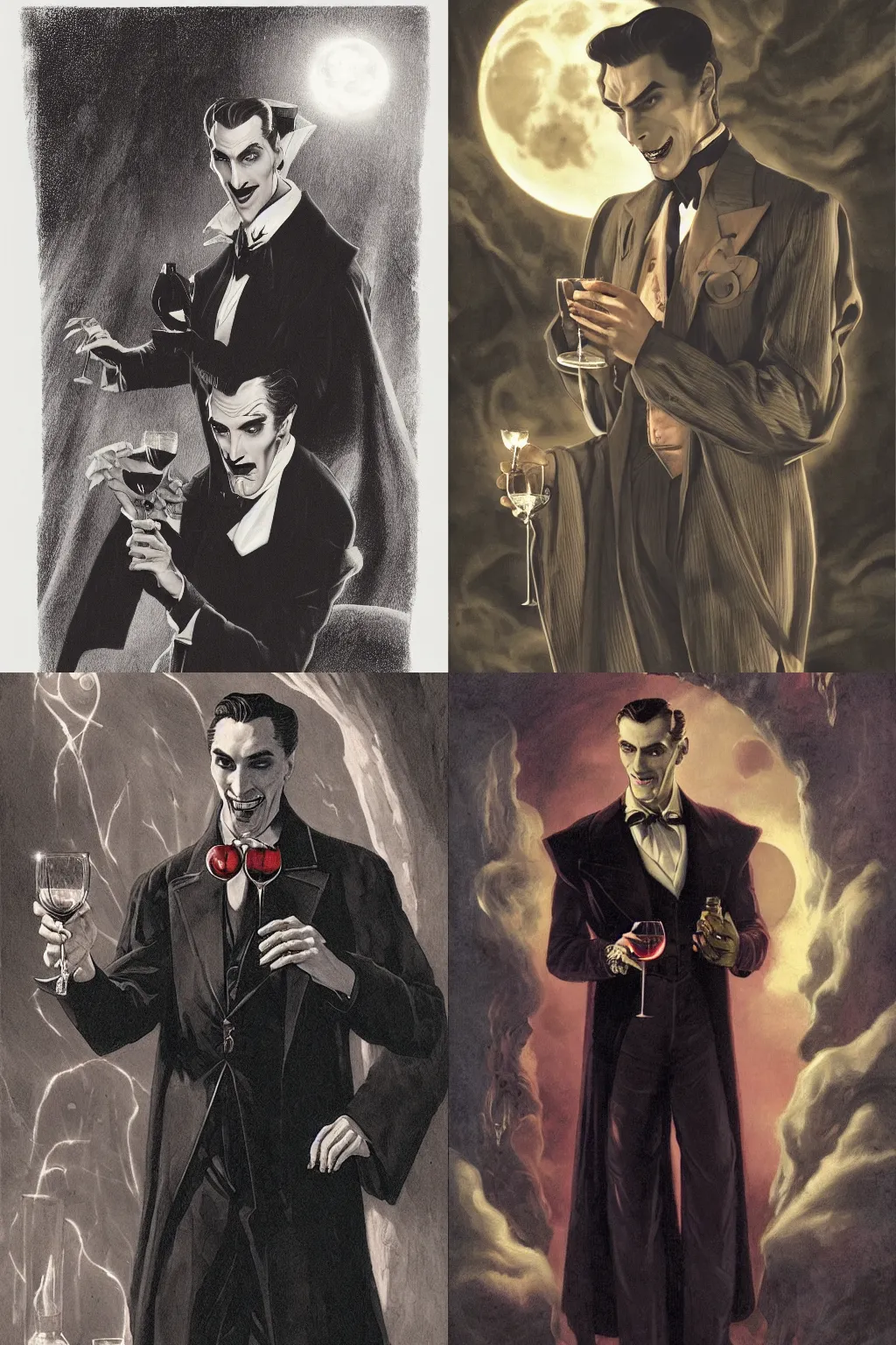 Prompt: elegant dracula from space, holding a glass of wine, soft lighting, mysterious atmosphere, in a graveyard, moonlight, hyper realistic, hyper detailed, fine clothing, handsome, jc leyendecker