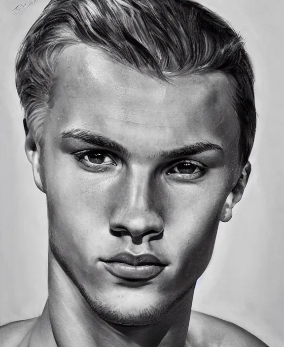 Image similar to portrait of a handsome young swedish swimmer, art by denys tsiperko and bogdan rezunenko, hyperrealism