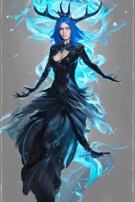 Image similar to fullbody!! dynamic action pose illustration, art by artgerm and greg rutkowski, beautiful woman with blue hair, antlers on her head, long flowing intricate black dress, dnd, face, fantasy, intricate, elegant, highly detailed, digital painting, artstation, concept art, smooth, sharp focus,